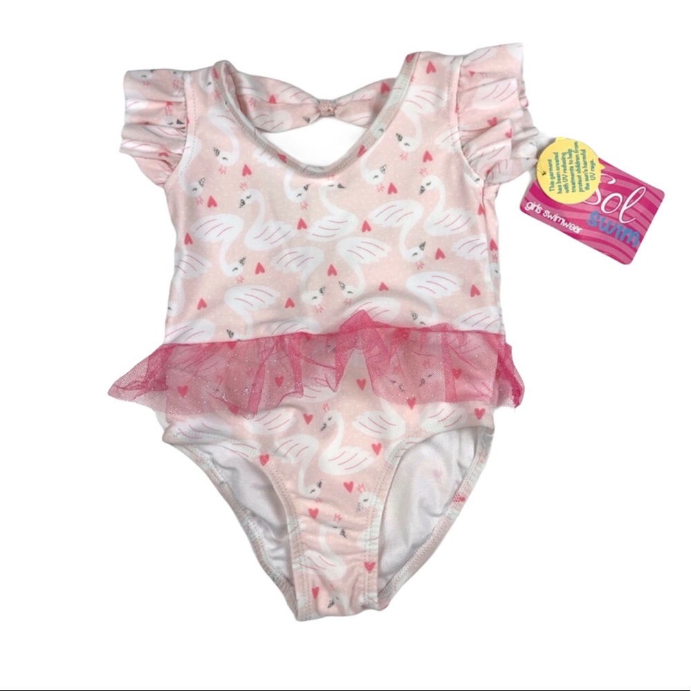 [Sol Swim] Pink Swan Ruffled Baby Swimsuit